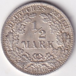 1/2 Mark Germany 1916 Eagle Silver A Mark Silver Rare Coin