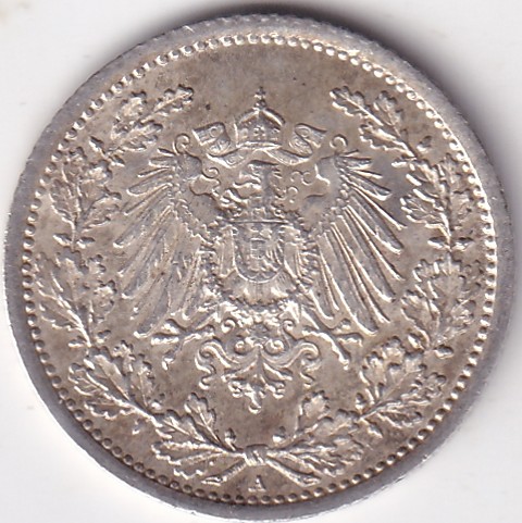 1/2 Mark Germany 1916 Eagle Silver A Mark Silver Rare Coin - Image 2