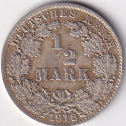 1/2 Mark Germany 1918 Eagle Silver D Mark Silver Rare Coin