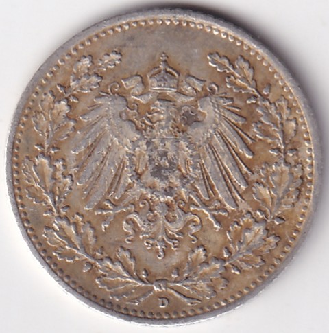 1/2 Mark Germany 1918 Eagle Silver D Mark Silver Rare Coin - Image 2