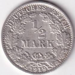1/2 Mark Germany 1919 Eagle Silver A Mark Silver Rare Coin