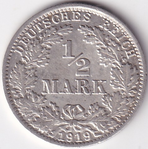 1/2 Mark Germany 1919 Eagle Silver A Mark Silver Rare Coin