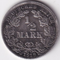 1/2 Mark Germany 1919 Eagle Silver F Mark Silver Rare Coin