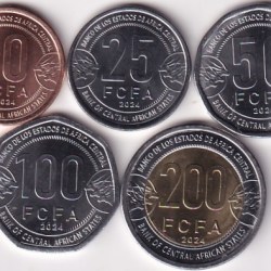 Central African States 10 25 50 100 200 Francs CFA Five Unc Coins Set