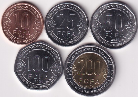 Central African States 10 25 50 100 200 Francs CFA Five Unc Coins Set