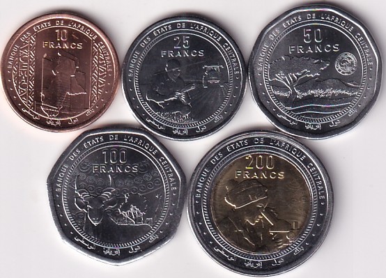 Central African States 10 25 50 100 200 Francs CFA Five Unc Coins Set