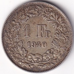 1 Franc Helvetia standing 1940 Silver Switzerland Coin
