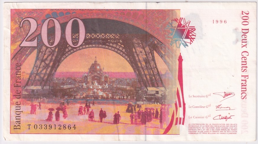 France 200 Francs 1996 Eiffel Tower Very Fine Condition Note