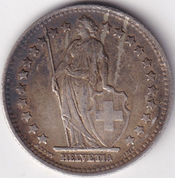 1 Franc Helvetia standing 1945 Silver Switzerland Coin