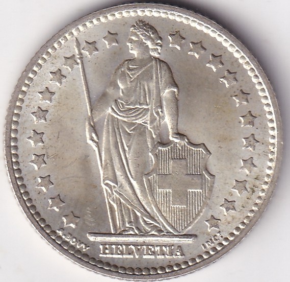 1 Franc Helvetia standing 1956 Silver Switzerland Coin