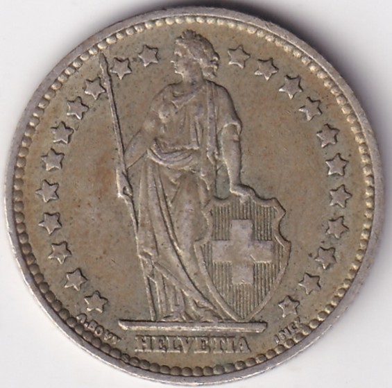 1 Franc Helvetia standing 1957 Silver Switzerland Coin