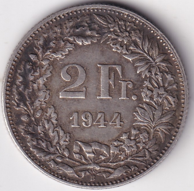 2 Francs Helvetia standing 1944 Silver Switzerland Coin