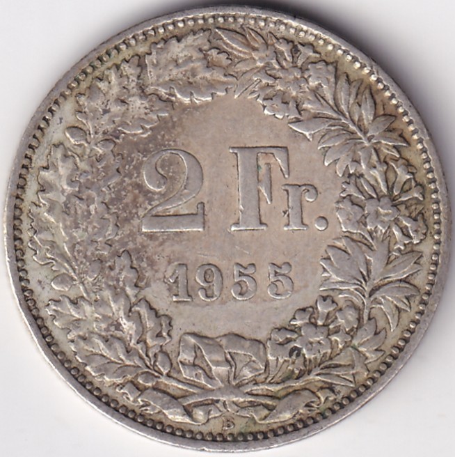 2 Francs Helvetia standing 1955 Silver Switzerland Coin