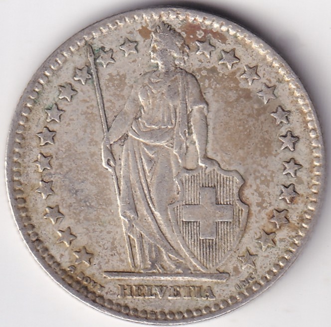 2 Francs Helvetia standing 1955 Silver Switzerland Coin