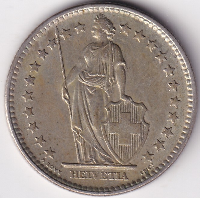 2 Francs Helvetia standing 1961 Silver Switzerland Coin