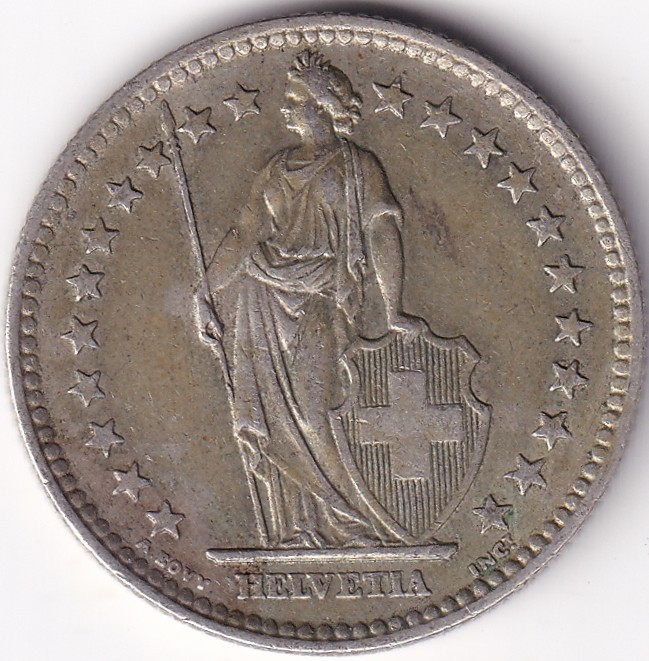 2 Francs Helvetia standing 1963 Silver Switzerland Coin