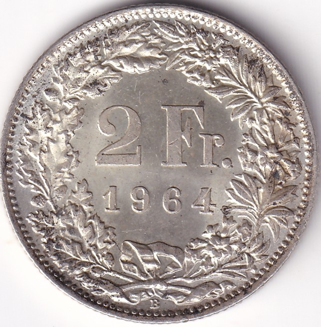 2 Francs Helvetia standing 1964 Silver Switzerland Coin