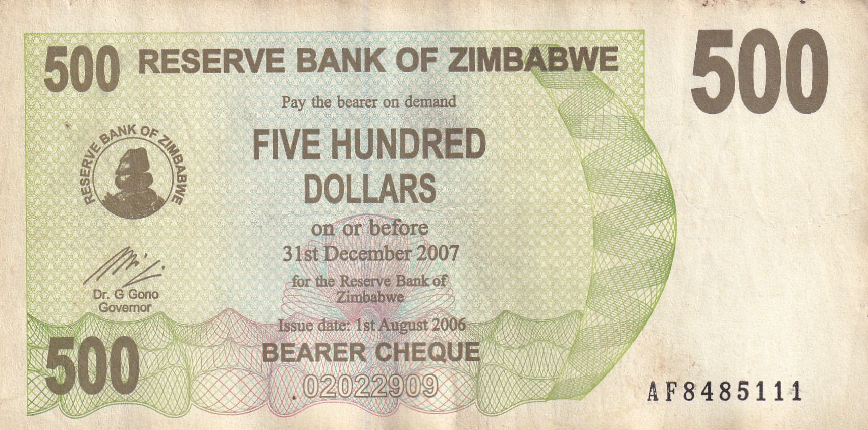 Zimbabwe 500 Dollar Rare Note