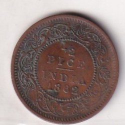 Alternative view of 1862 British- India 1/2 Pice (Victoria) Calcutta Mint Rare Coin#C-168
