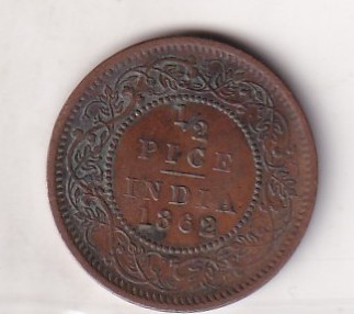 1862 British- India 1/2 Pice (Victoria) Calcutta Mint Rare Coin#C-168