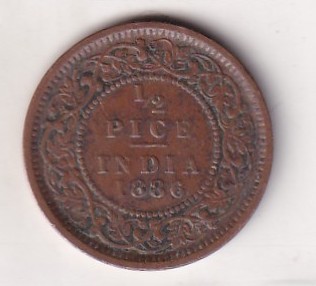 1886 British- India 1/2 Pice (Victoria) Calcutta Mint Rare Coin#C-169