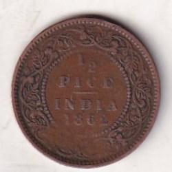 Alternative view of 1862 British- India 1/2 Pice (Victoria) Calcutta Mint Rare Coin#C-172