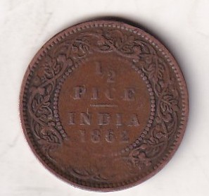1862 British- India 1/2 Pice (Victoria) Calcutta Mint Rare Coin#C-172