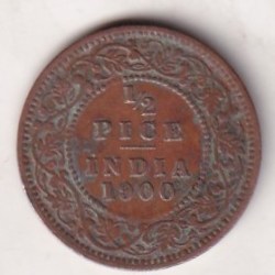 Alternative view of 1900 British- India 1/2 Pice (Victoria) Calcutta Mint Rare Coin#C-224