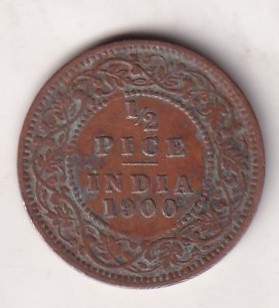 1900 British- India 1/2 Pice (Victoria) Calcutta Mint Rare Coin#C-224