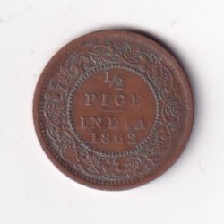 Alternative view of 1862 British- India 1/2 Pice (Victoria) Calcutta Mint Rare Coin#C-220