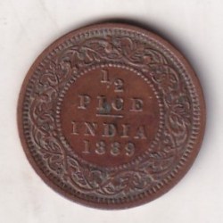 Alternative view of 1889 British- India 1/2 Pice (Victoria) Calcutta Mint Rare Coin#C-225