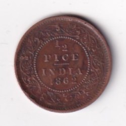 Alternative view of 1862 British- India 1/2 Pice (Victoria) Calcutta Mint Rare Coin#C-234