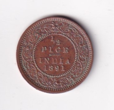 1891 British- India 1/2 Pice (Victoria) Calcutta Mint Rare Coin#C-252 - Image 2