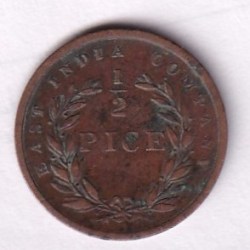 Alternative view of British-India 1/2 Pice 1853 Victoria Rare Coin #C-266