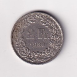 Alternative view of Switzerland 2 Francs 1980 Helvetia standing; copper-nickel lowest price Rare Coin #C-308