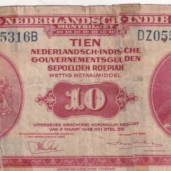 Indonesia (Netherlands East Indies) 10 Gulden - Wilhelmina (Repair Low Condition Note) #B2