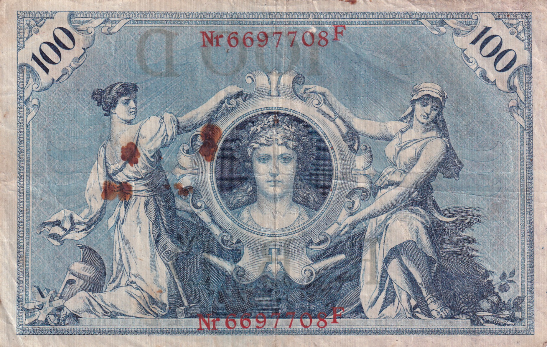 Germany 100 Mark Reichsbanknote; two red seals lowest Rare Note #B2