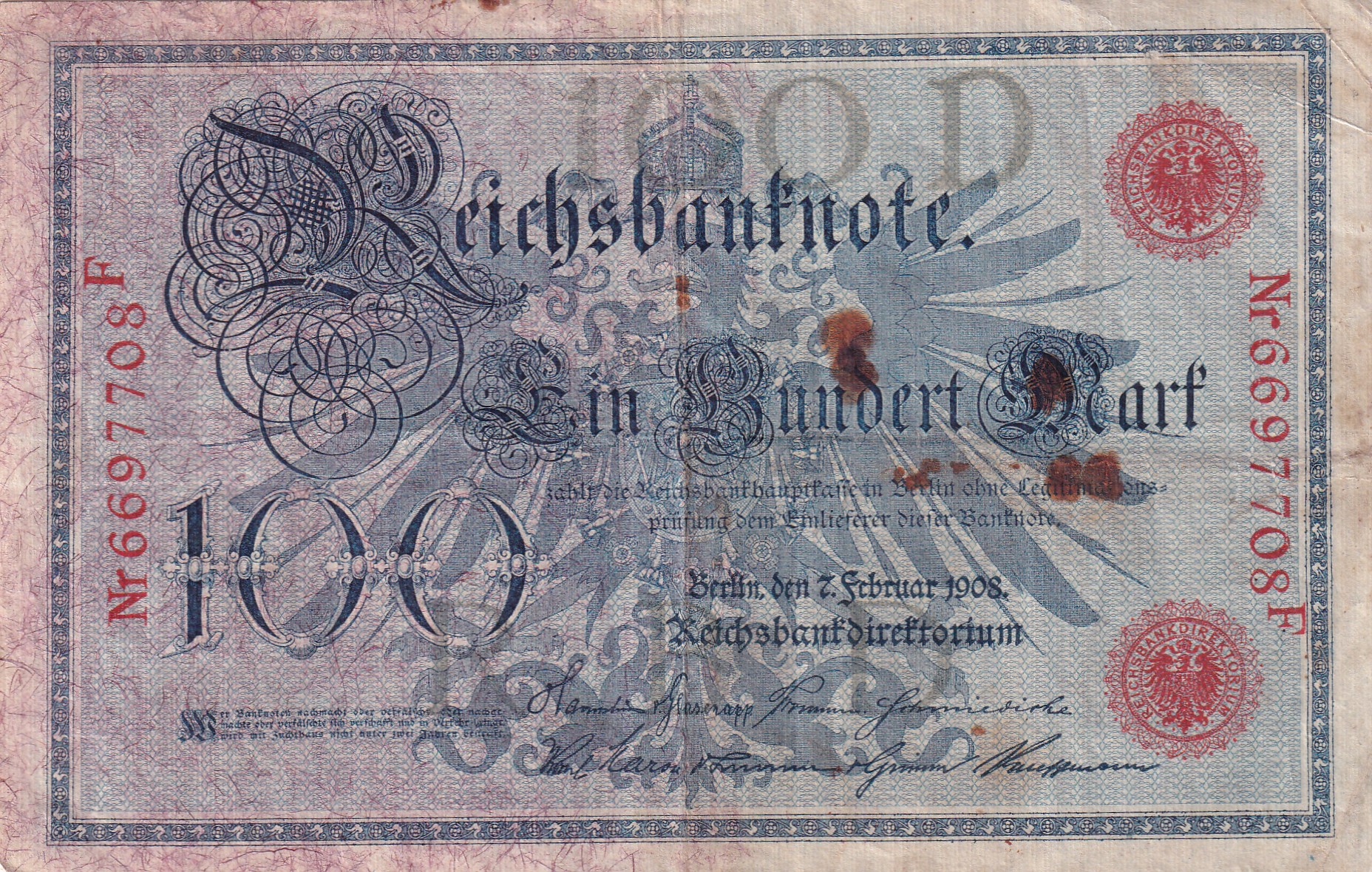 Germany 100 Mark Reichsbanknote; two red seals lowest Rare Note #B2