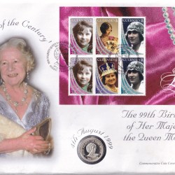 Lady of century 99th Birthday of Her Majesty The Queen Mother 1999 Bailiwick Of Guernsey £1 Brilliant Uncirculated Silver Coin ( First Day Cover)