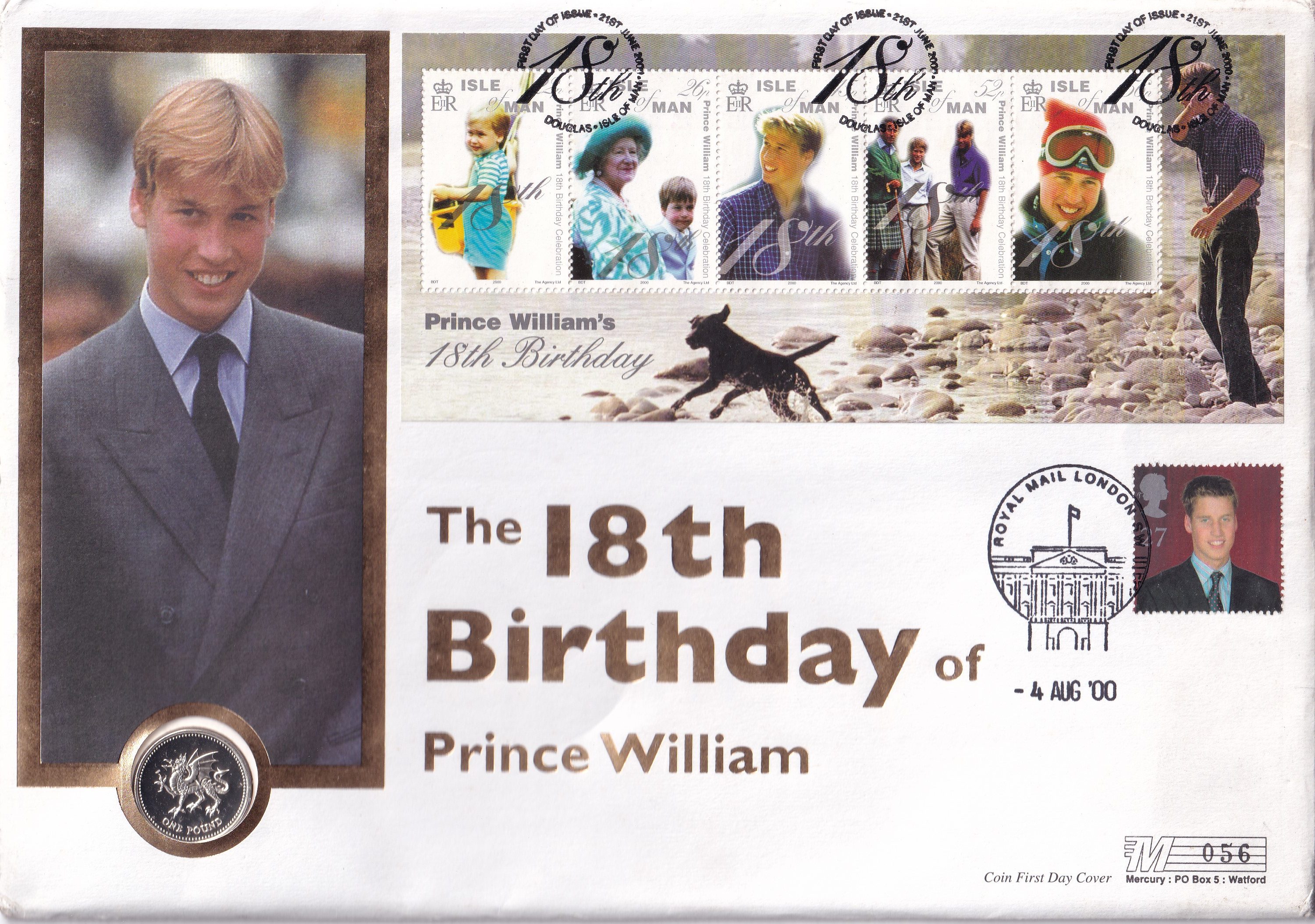 18th Birthday Of Prince William 2000 United Kingdom - Elizabeth II Welsh Dragon; Silver £1 Brilliant Uncirculated Coin ( First Day Cover with stamp)