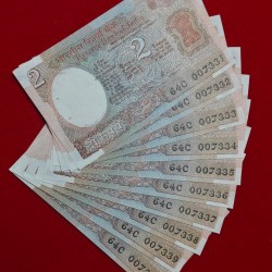 2 RUPEE 10 NOTES GEM UNC CONDITION SATELLITE ISSUE 007331-007340