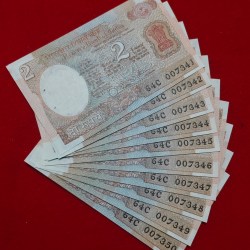 2 RUPEE 10 NOTES GEM UNC CONDITION SATELLITE ISSUE 007341-007350