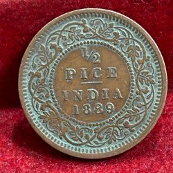 Alternative view of 1889 British- India 1/2 Pice (Victoria) Calcutta Mint Rare Coin#C-194