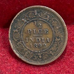 Alternative view of 1892 British- India 1/2 Pice (Victoria) Calcutta Mint Rare Coin#C-198