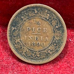 Alternative view of 1890 British- India 1/2 Pice (Victoria) Calcutta Mint Rare Coin#C-206