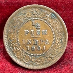 Alternative view of 1901 British- India 1/2 Pice (Victoria) Calcutta Mint Rare Coin#C-210