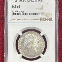 One Rupee 1840 - Victoria Queen NGC Grade MS-63 Very High Grade Extremely Rare Coin