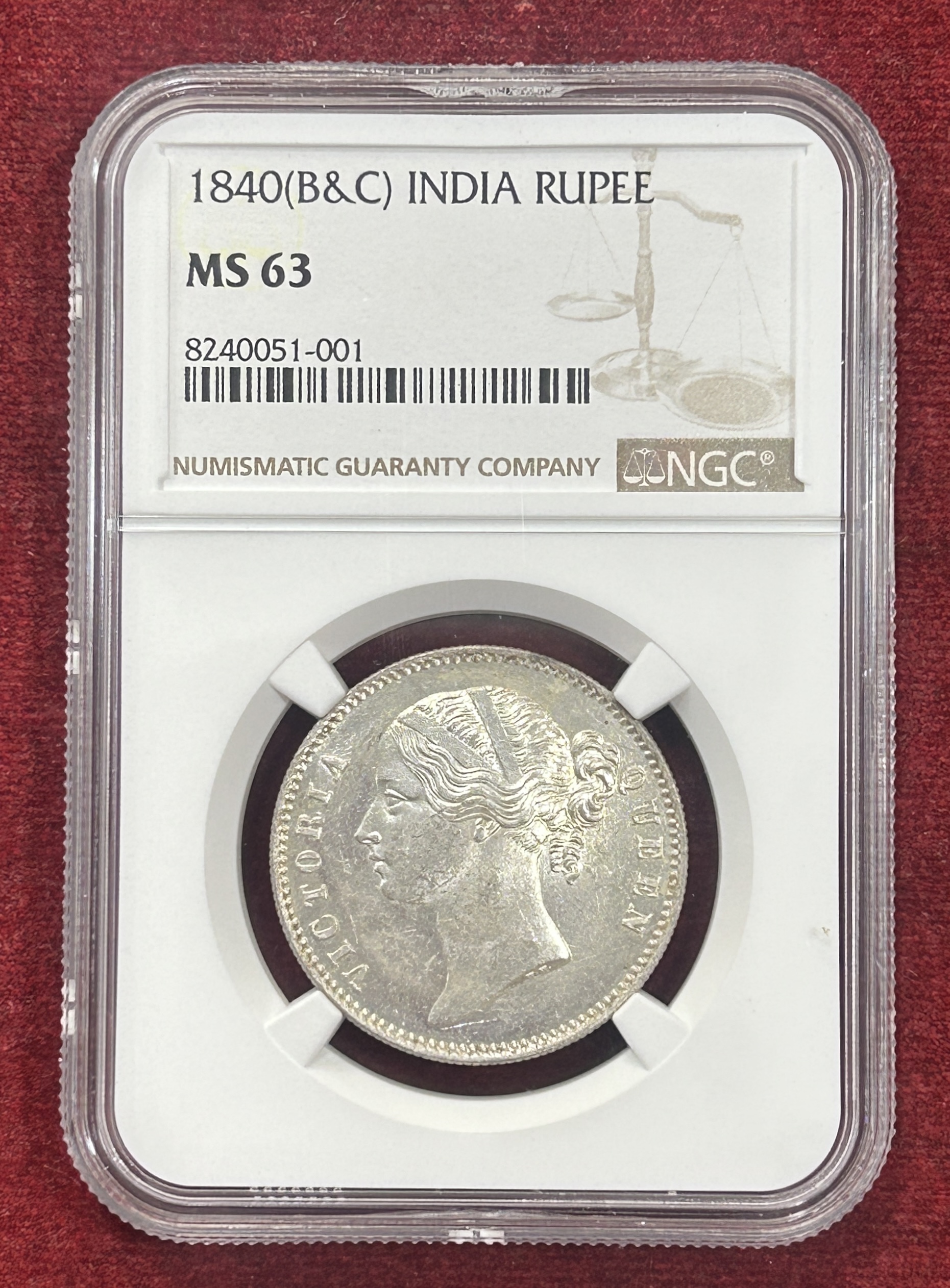 One Rupee 1840 - Victoria Queen NGC Grade MS-63 Very High Grade Extremely Rare Coin