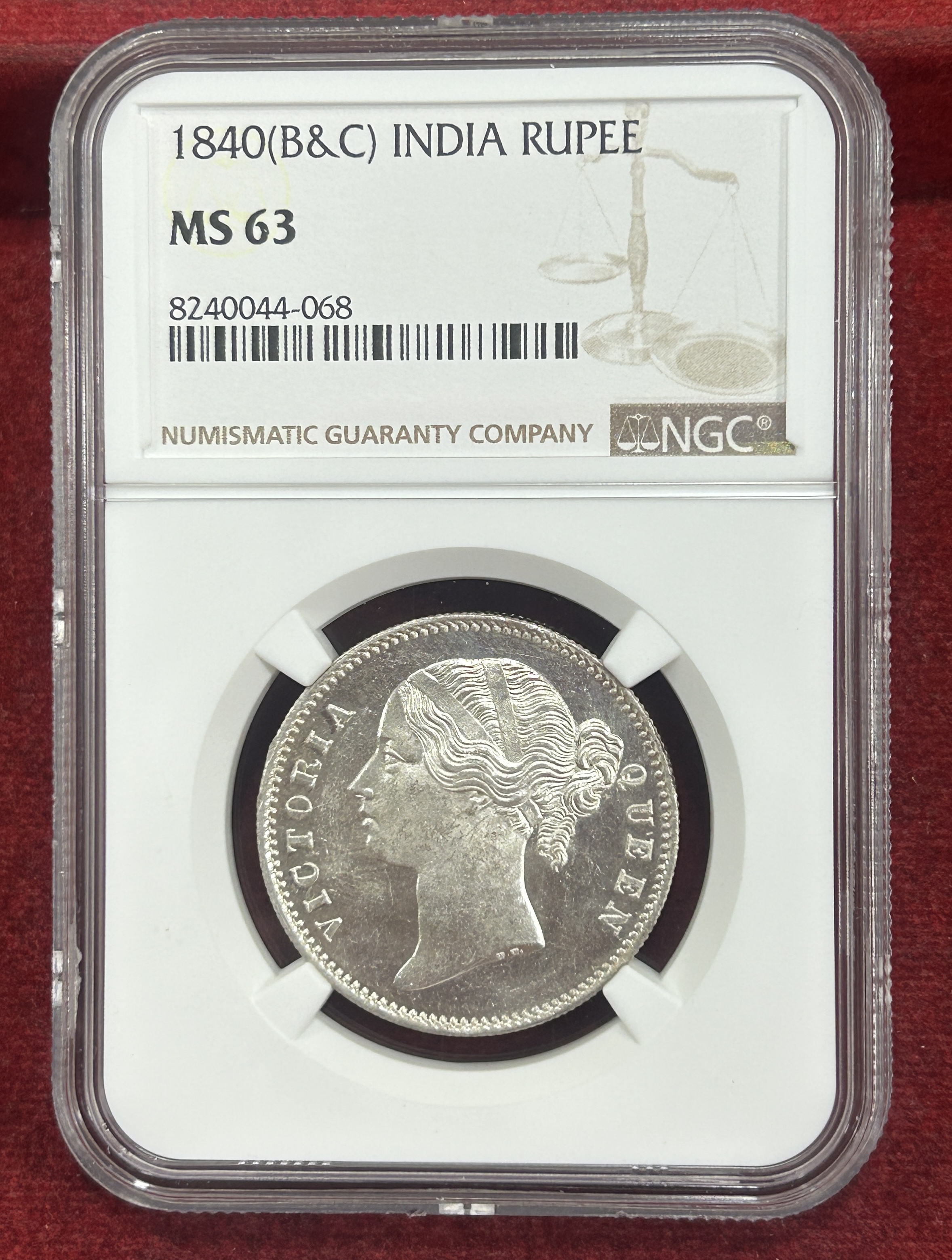 One Rupee 1840 - Victoria Queen NGC Grade MS-63 Very High Grade Extremely Rare Coin