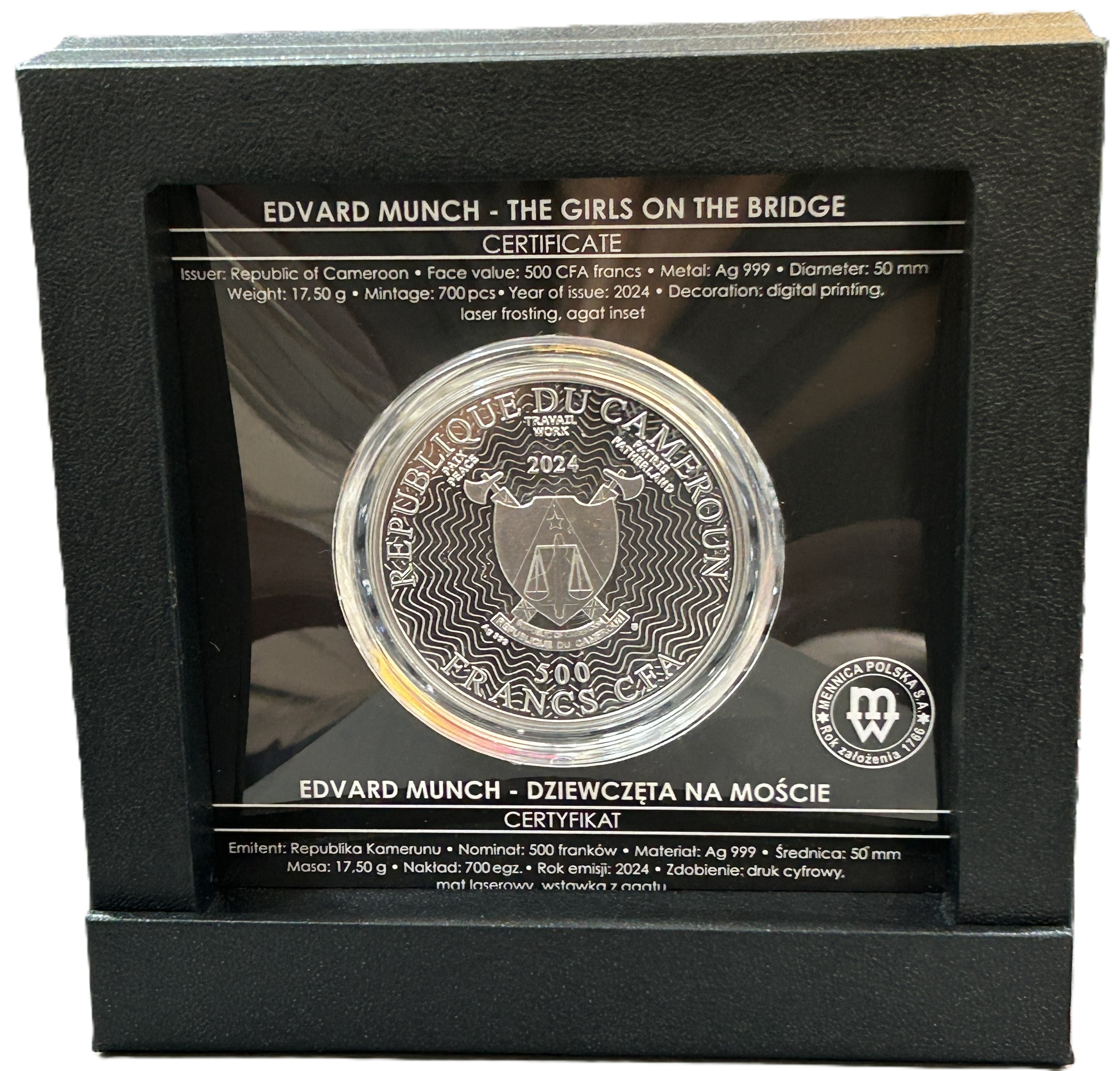 GIRLS ON THE BRIDGE EDVARD MUNCH 500 FRANCS (SILVER 17.50 G ) CAMEROON 2024 RARE COIN PROOF SET